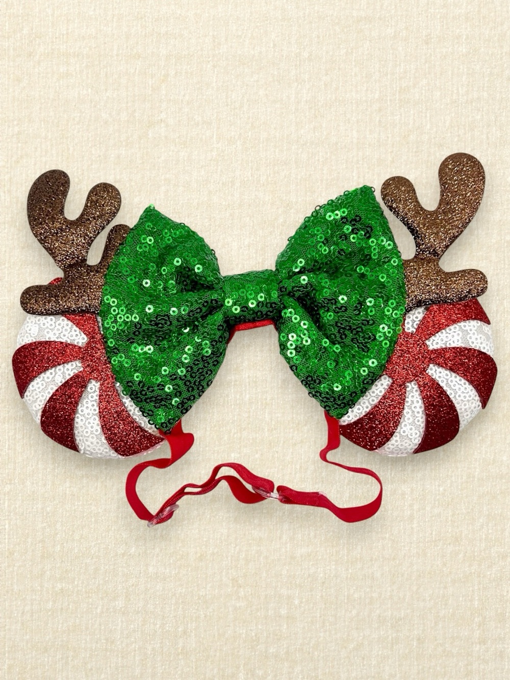 Elastic Candy Cane Reindeer Minnie Ears | Disney-Inspired Christmas Mouse Ears